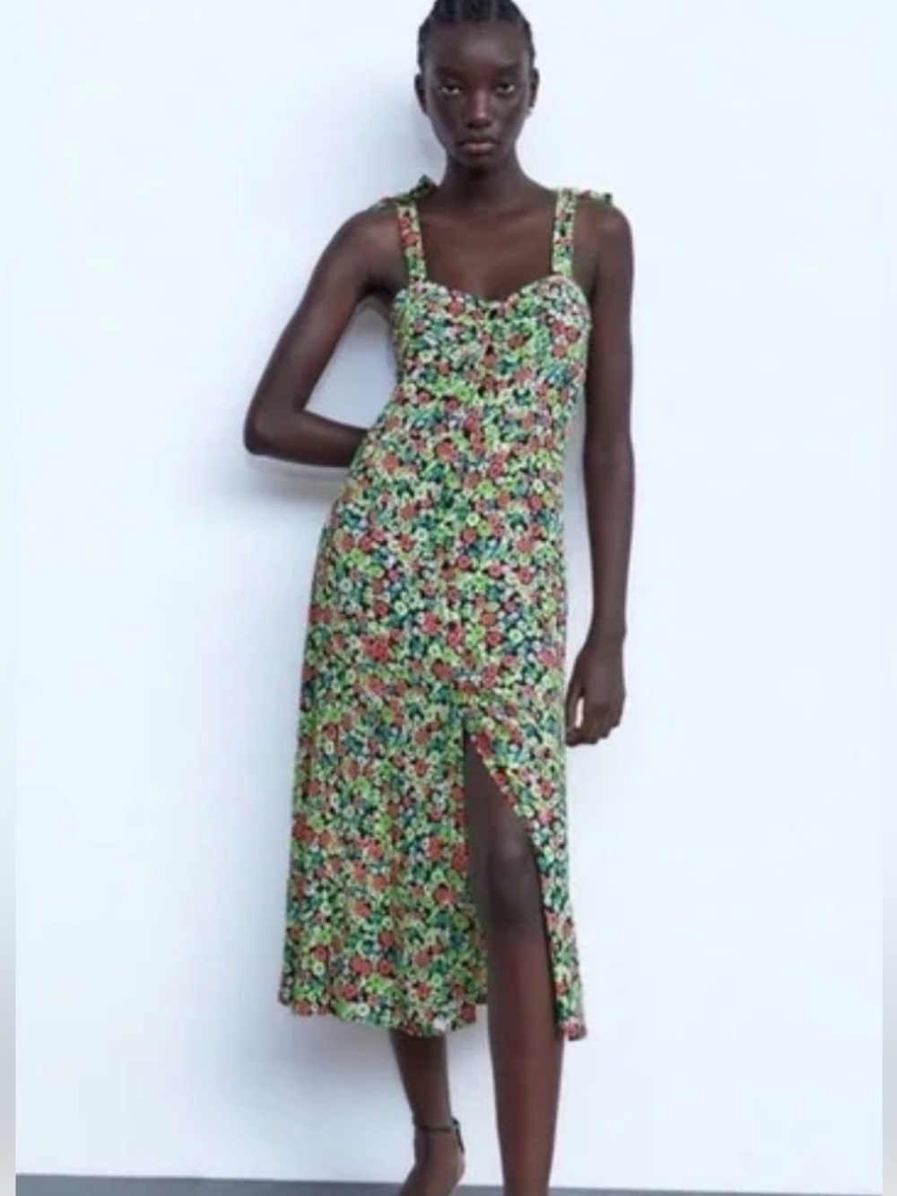 Zara floral button front midi dress with tie shoulders - green & pink XS